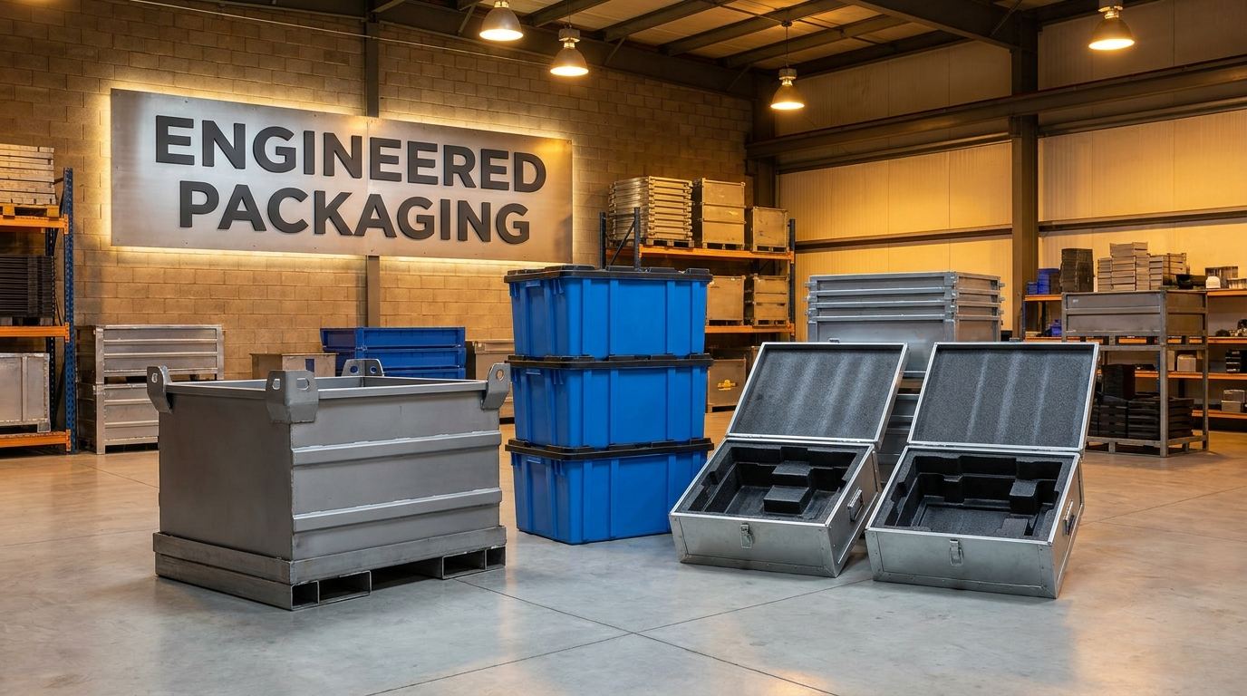 Custom engineered packaging systems including steel containers and foam-lined HDPE totes on an industrial plant floor