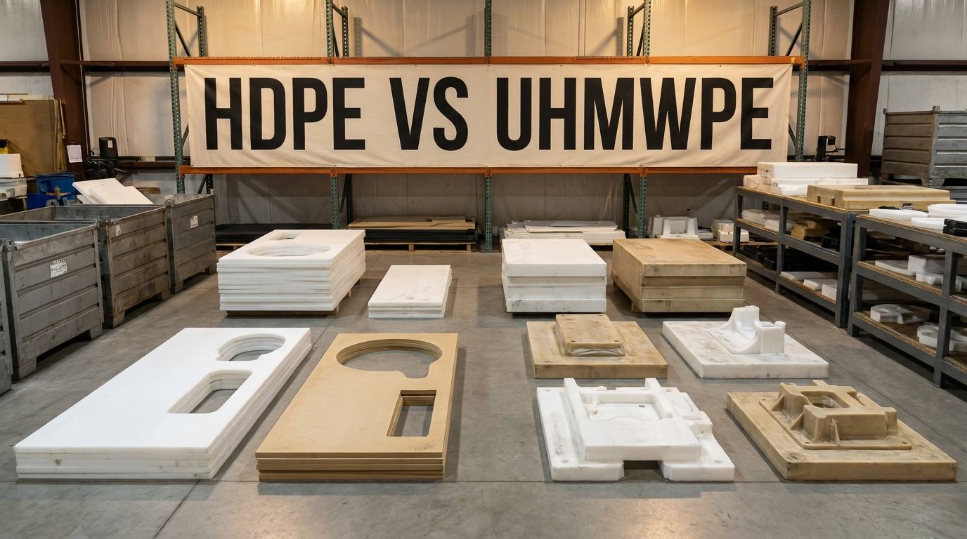 Custom HDPE vs UHMWPE plastic parts for industrial manufacturers on a concrete plant floor