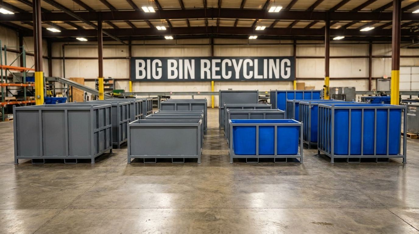 Custom big bin recycling containers on a concrete automotive plant floor, steel and HDPE construction