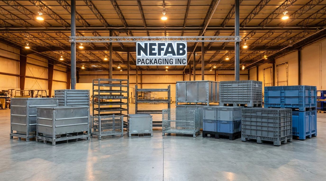 Custom returnable packaging systems for automotive manufacturers on concrete plant floor, comparing Nefab Packaging Inc alternatives