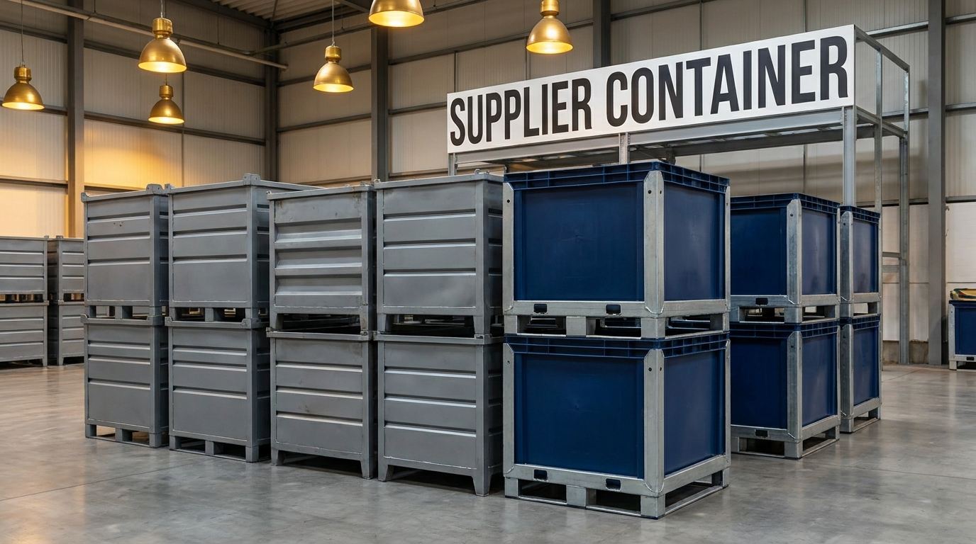Custom supplier containers for automotive manufacturers on industrial plant floor