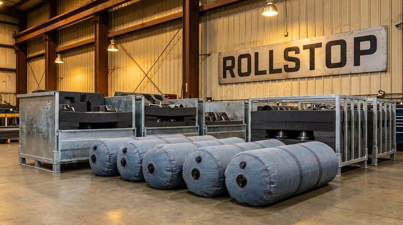 Custom rollstop dunnage bags and foam containers on automotive plant floor