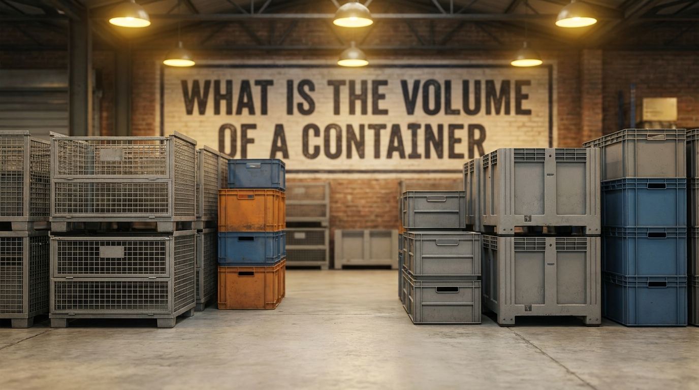 Custom industrial storage containers on a plant floor illustrating what is the volume of a container