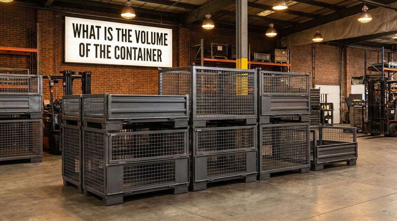 Custom steel bulk containers on a manufacturing plant floor illustrating what is the volume of the container