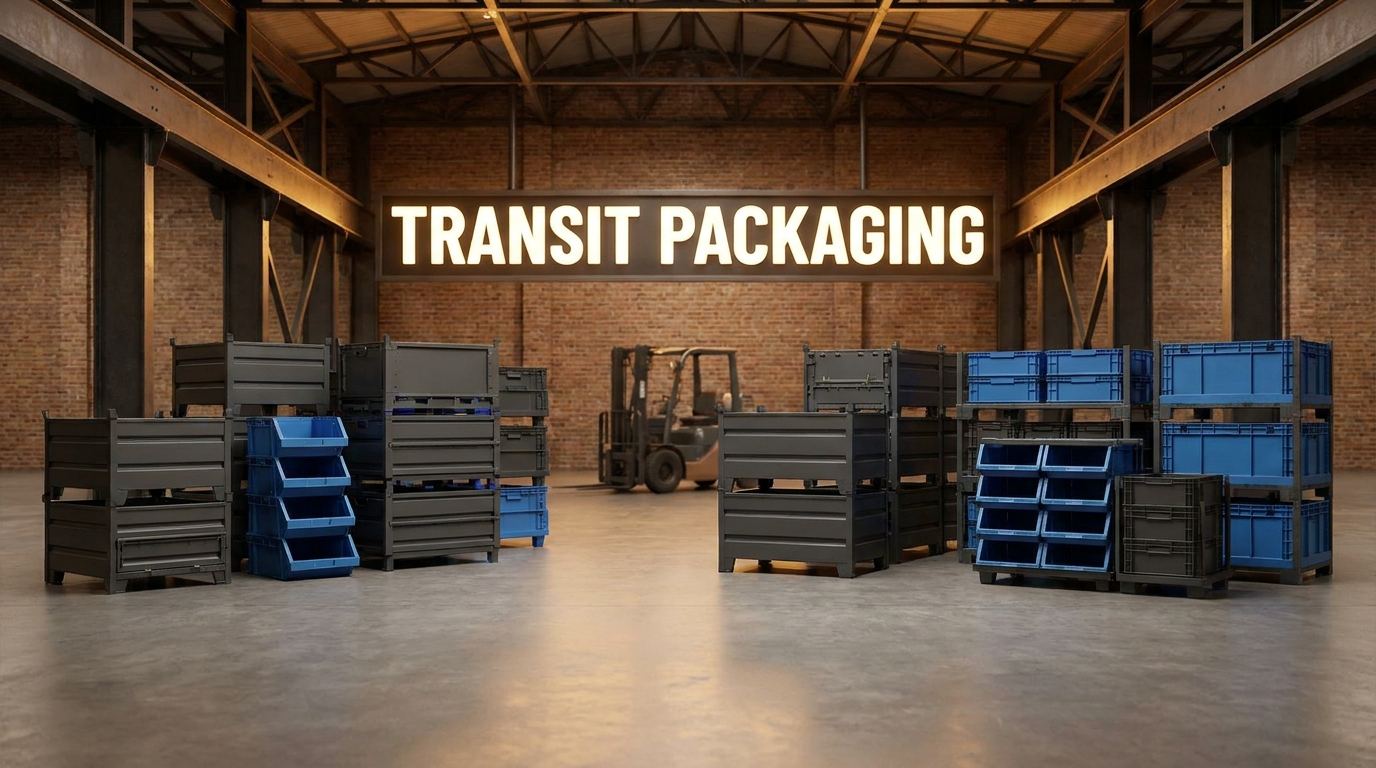 Custom transit packaging systems including steel and plastic containers on a concrete plant floor