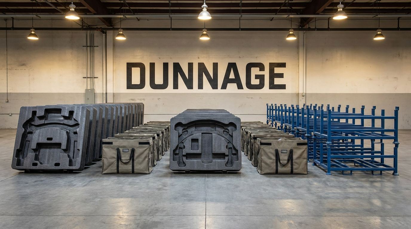 Custom dunnage systems including foam inserts, fabric bags, and steel racks on an industrial plant floor