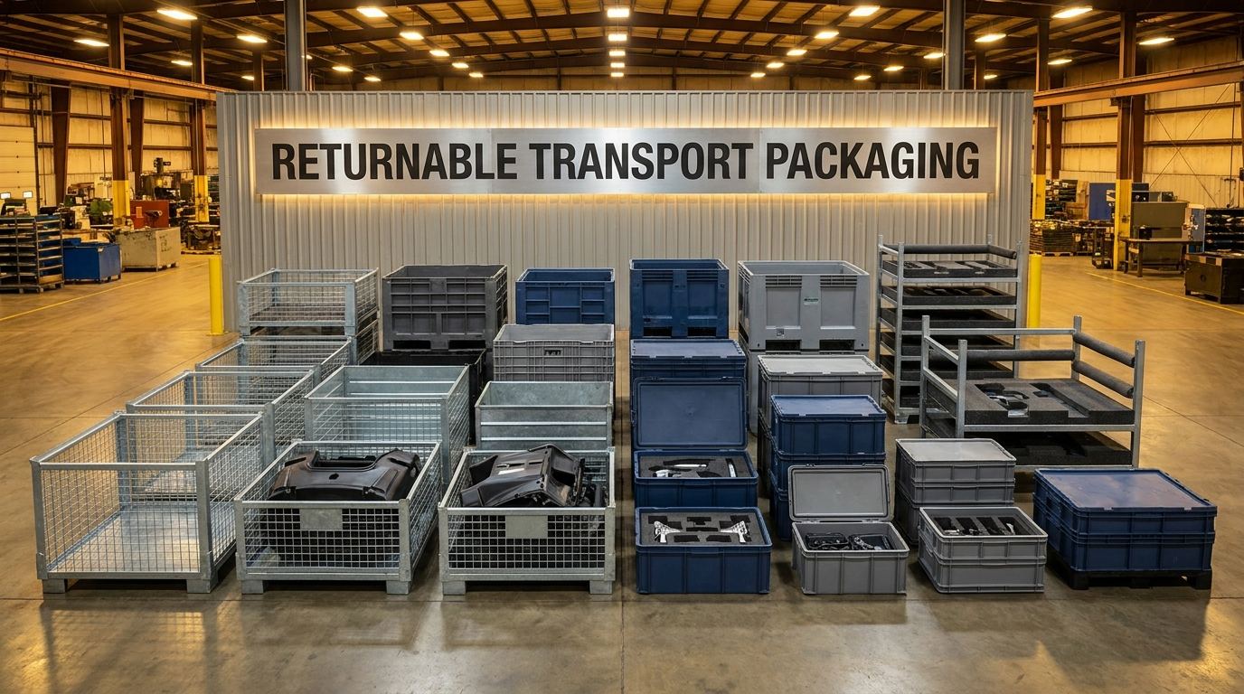 Custom returnable transport packaging systems including steel bins and plastic totes on a concrete plant floor