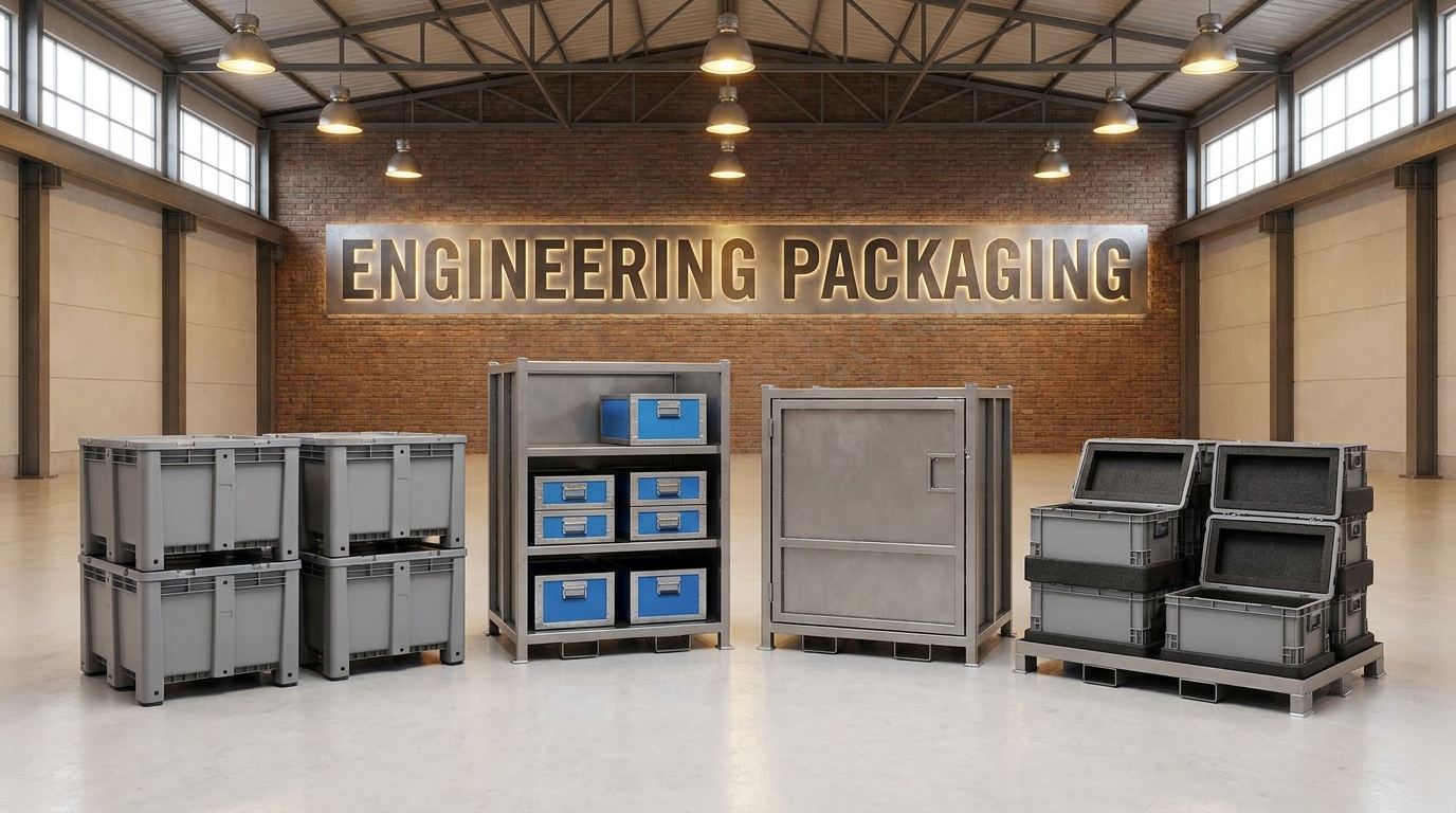 Custom engineering packaging systems including steel racks and HDPE totes on a concrete automotive plant floor