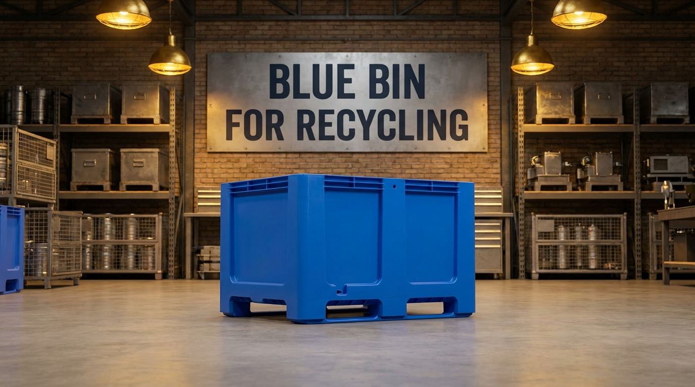Custom blue bin for recycling on a manufacturing plant floor, HDPE construction, sitting flat on concrete